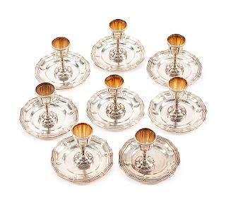 A Set of Eight Mexican Silver Cordials and Eight Small Plates