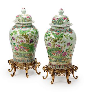 A Pair of Chinese Gilt Bronze Mounted Porcelain Covered Jars