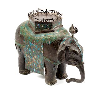 A Chinese Patinated Bronze and Cloisonne Figure of an Elephant