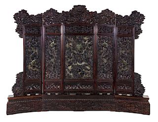 A Large Chinese Carved Hardwood Five-Panel Screen