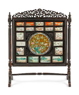 A Chinese Porcelain Mounted Hardwood Floor Screen
