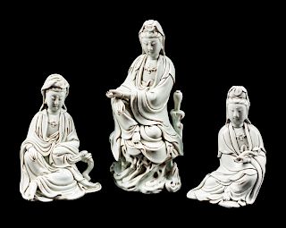Three Chinese Export Blanc-de-Chine Figures of a Seated Guanyin