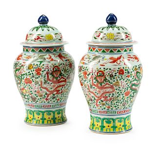 A Pair of Chinese Export Famille Verte Porcelain Covered Jars