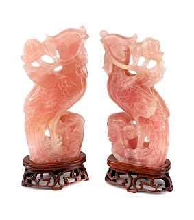 A Pair of Chinese Carved Rose Quartz Birds