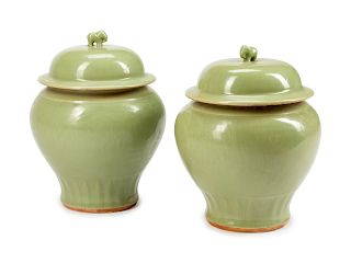 A Pair of Chinese Celadon Porcelain Jars