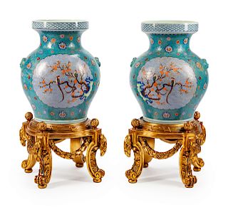 A Pair of Monumental Chinese Export Porcelain and Cloisonne Urns
