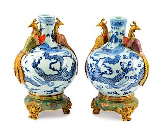 A Pair of Chinese Cloisonne Inlaid Blue and White Porcelain Vases