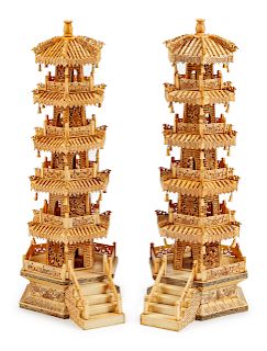 A Pair of Chinese Carved Bone Models of Pagodas