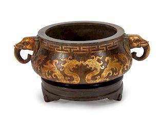 A Chinese Mixed Metals Inlaid Bronze Censer