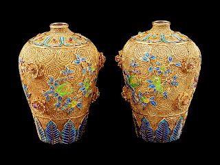 A Pair of Chinese Silver-Gilt Filigree and Enamel Vases