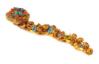 A Chinese Jeweled and Enameled Silver-Gilt Filigree Scepter