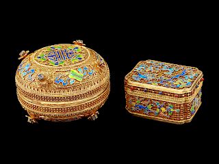 Two Chinese Silver-Gilt Filigree and Enamel Articles