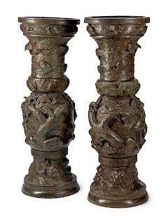 A Pair of Monumental Japanese Patinated Bronze Urns