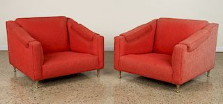 PAIR LOW SLUNG UPHOLSTERED CLUB CHAIRS CIRCA 1950