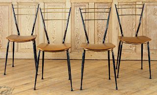 SET 4 IRON BRASS SIDE CHAIRS UPHOLSTERED C.1950