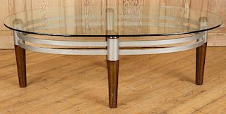 OBLONG GLASS WOOD AND METAL COFFEE TABLE