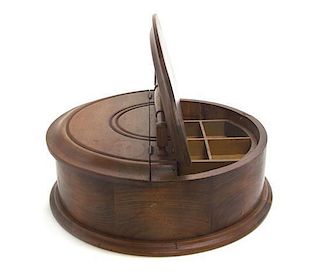 A Turned Mahogany Work Box, Diameter 15 1/4 inches.