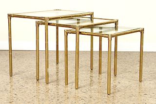 NEST OF 3 BRASS BAMBOO FORM GLASS TOP TABLES 1920