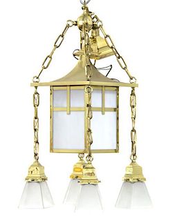 An American Brass and Glass Five-Light Chandelier, Height 26 1/2 inches.