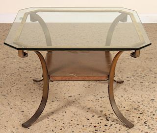 BRONZE AND GLASS MAHOGANY SHELF END TABLE C.1960