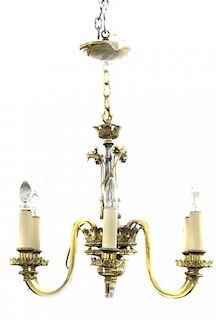 An American Six-Light Brass Chandelier, Height 26 1/2 inches.