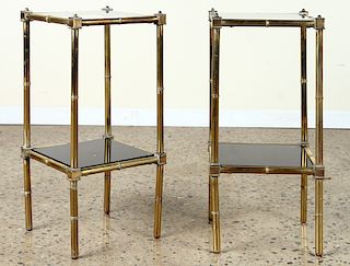 PAIR 2-TIER BRASS ENDS TABLES CLEAR SMOKED GLASS