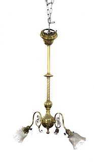 An American Brass and Glass Two-Light Chandelier, Height 32 inches.