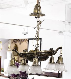 A Neoclassical Style Metal and Glass Five-Light Chandelier, Height 32 inches.