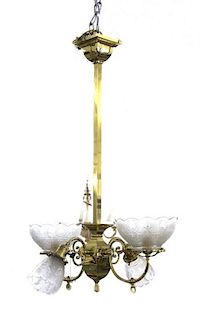 An American Brass Four-Light Chandelier, Height 32 inches.