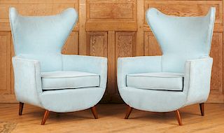 PAIR ITALIAN STYLE WING CHAIRS ON WOOD LEGS