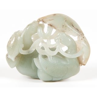 Chinese Celadon Jade Double Duck and Lotus Carving