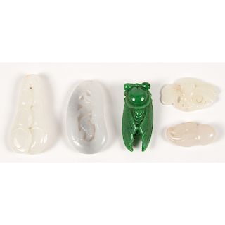 Chinese Carved Jade Locust and Pendants