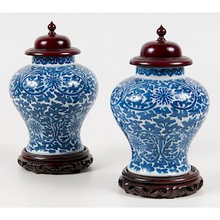 Pair of Chinese Porcelain Qing Blue and White Covered Jars  青花纏枝花卉紋將軍罐一對 