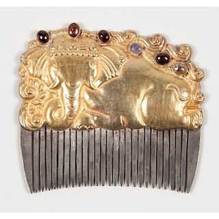 Cham Kingdom Period Gold, Silver and Gemstone Comb 古越南/印度式鎏金嵌寶臥象紋插梳