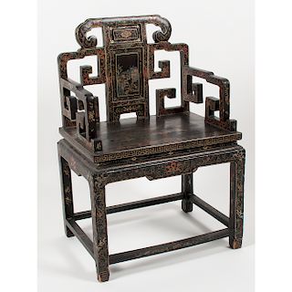 Chinese Lacquered Wedding Chair  黑漆描金繪山水扶手椅
