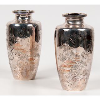 Japanese Sterling Vases 日本銀質鏨山水亭台賞瓶一對
