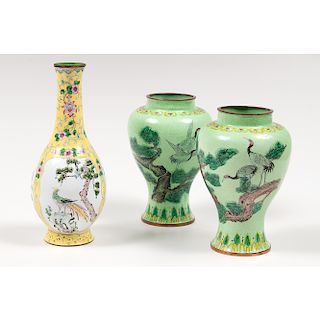 Yellow and Green Canton Enamel Vases 