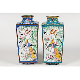 Chinese Square Canton Enamel Vases 廣式銅胎畫琺瑯鳳紋方瓶一對