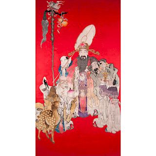 Chinese Embroidered Silk Tapestry of Deities  紅地蘇武牧羊大繡片