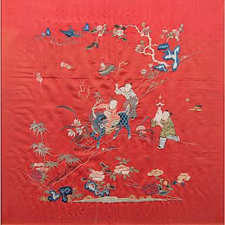 Chinese Robe Needlepoint and Embroidered Cuff 紅緞地童戲圖繡片