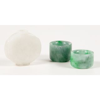 Chinese Green Jade Archer's Rings and White Jade Snuff