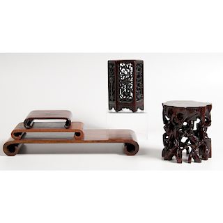 Chinese Brush Pot and Hardwood Stands 