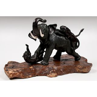 Meiji Period Elephant and Tiger Bronze  日本明治青銅虎象擺件