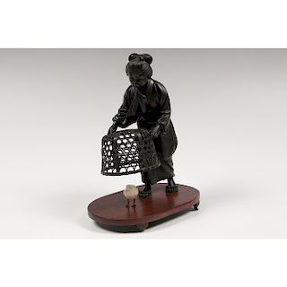 Meiji-style Bronze of Woman with Basket