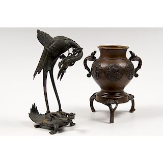 Japanese Bronze Incense Burner and Crane on Turtle