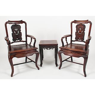 Chinese Carved Armchairs and Stand  廣式外銷紅木扶手椅、邊幾一組三件