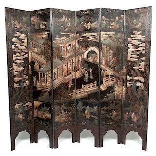 Chinese Six Panel Lacquered and Painted Screen