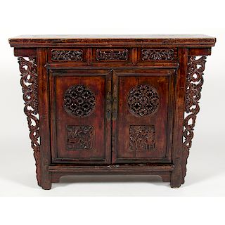 Chinese Elmwood Cabinet Table  榆木雕花聯三櫥