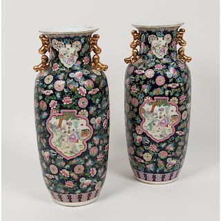 Chinese Dark Blue Ground Famille Rose Vases