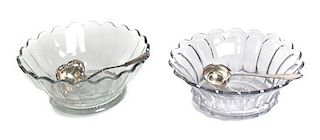 Two Glass Punch Bowls with Two Ladles, Diameter of largest 14 1/2 inches.